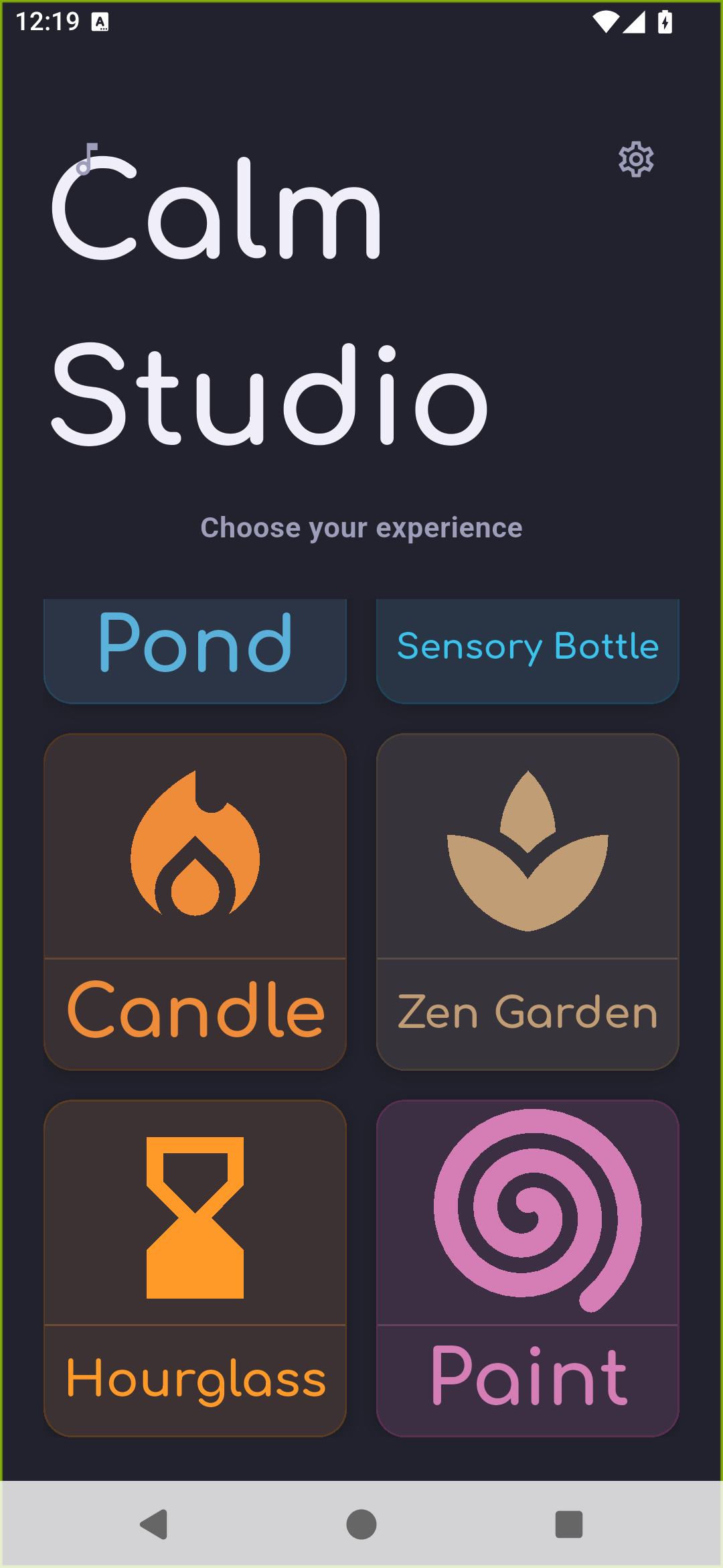 Calm Studio home screen, dark mode