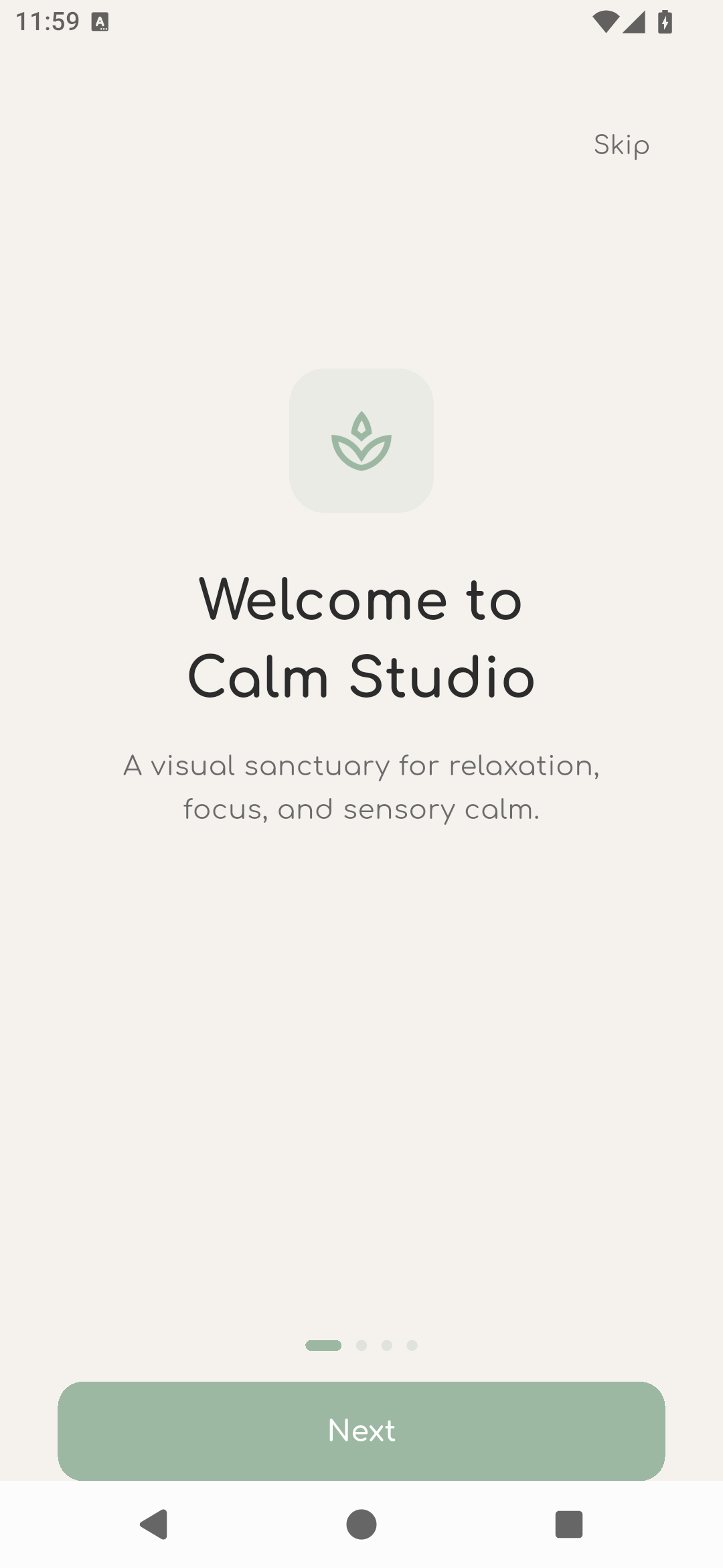 Calm Studio welcome screen: 'A visual sanctuary for relaxation, focus, and sensory calm.'