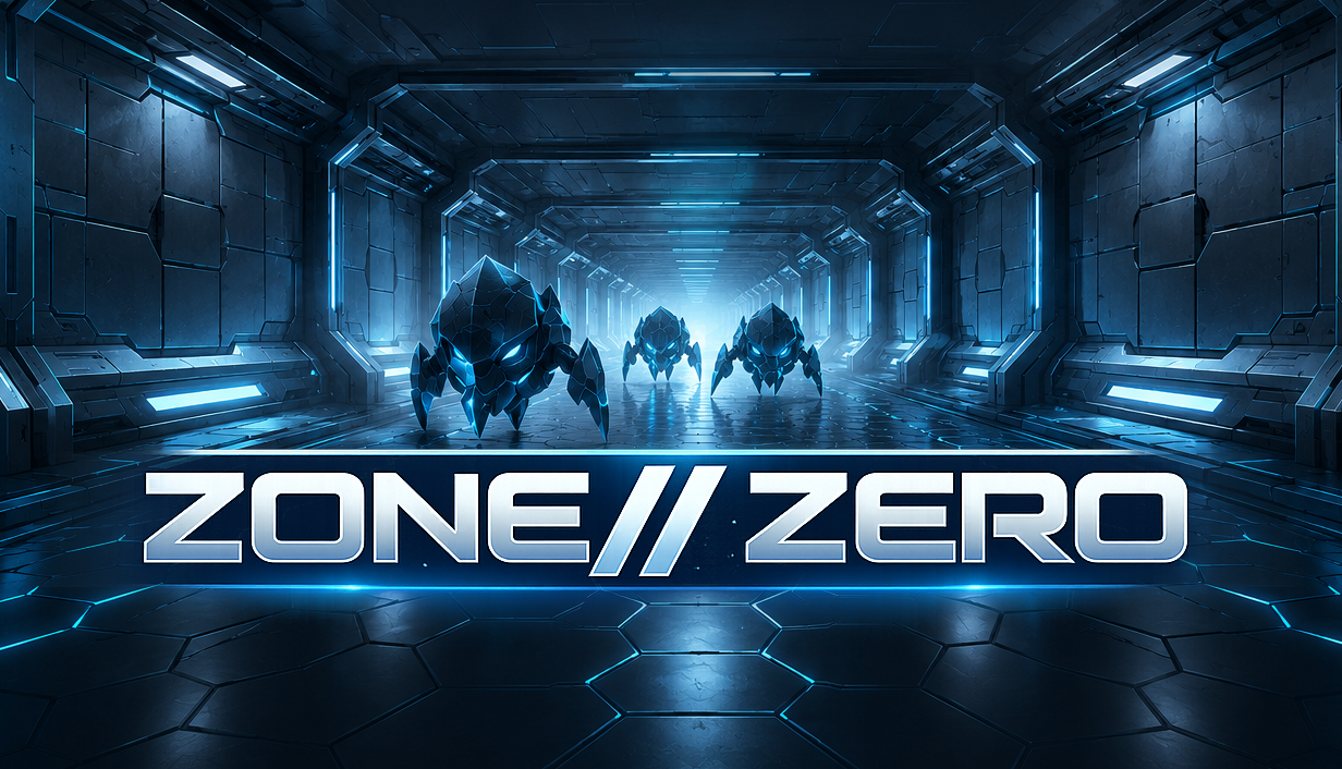 Three armored creatures advancing through a glowing sci-fi corridor